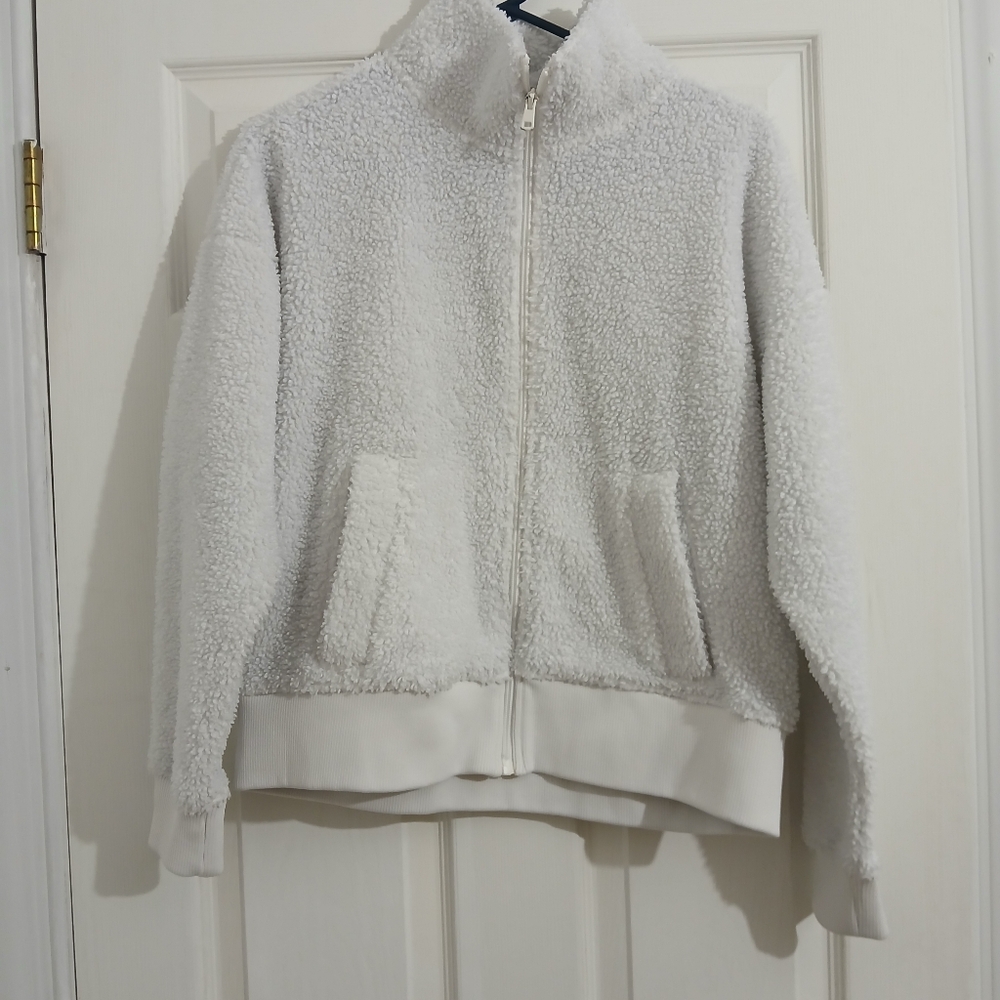 Aspen Solid Fleece Bomber Zip-Up Jacket Women Small  White Cozy